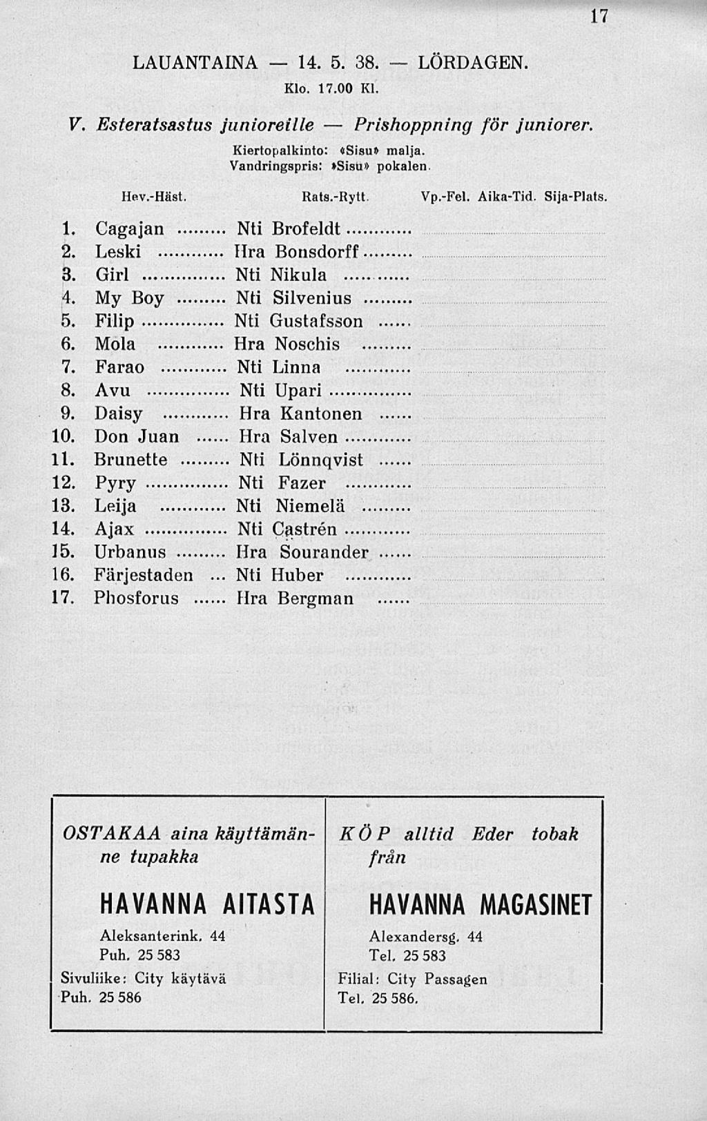 Nti 14. Prishoppning 17 LAUANTAINA 5. 38. LÖRDAGEN. Klo. 17.00 Kl. V. Esteratsastus junioreille Kiertopalkinto: «Sisu malja. Vandringspris: Sisu pokalen. för juniorer. Hev.Häst. Rats.Rytt. Vp.Fel.