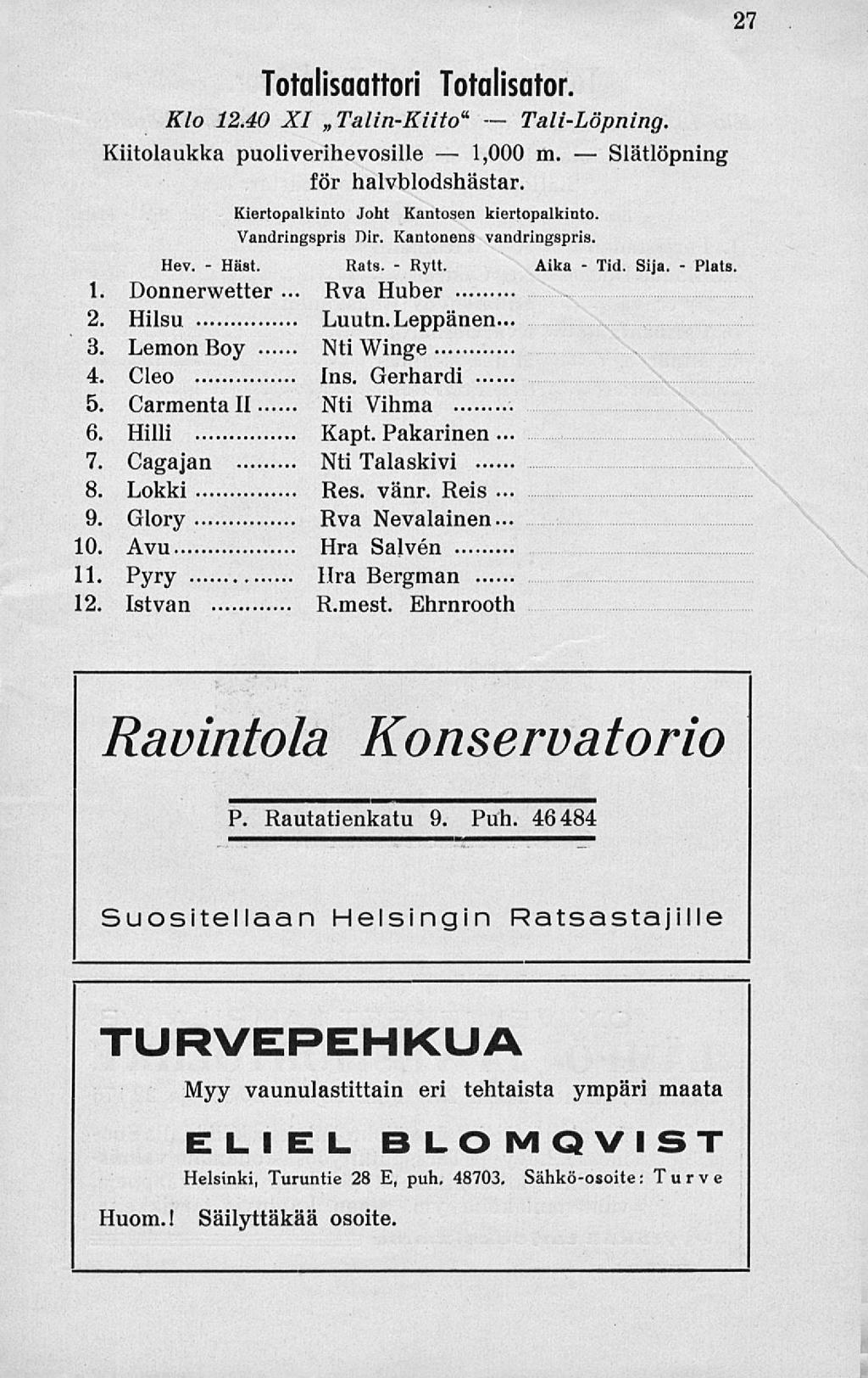 Häst. Rva Rytt. Tid. Totalisaattori Totalisator. Klo 12.40 XI TalinKiito* TaliLöpning. Kiitolaukka puoliverihevosille 1,000 m. Slätlöpning för halvblodshästar.