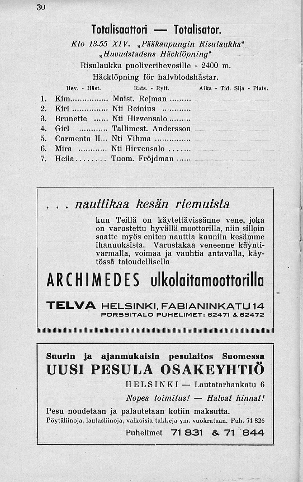 Häst. Rytt. Lautatarhankatu 2400 Halvat Tid. 30 Totalisaattori Totalisator. Klo 13.55 XIV. Pääkaupungin Risulaukka 11 Huvudstadens Häcklöpning"' Risulaukka puoliverihevosille m.