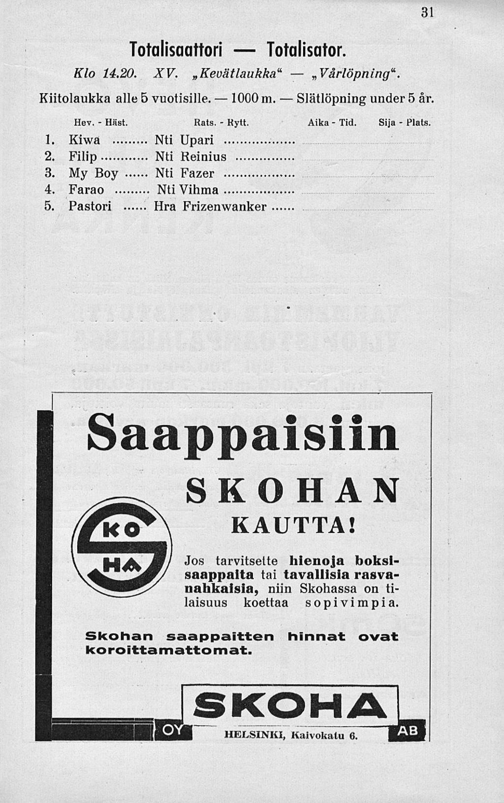 Häst. 1000 Rytt. Slätlöpning Tid. 31 Totalisaattori Klo 14.20. XV. Kiitolaukka alle 5 vuotisille. Totalisator. Kevät laukka" Vårlöpning". m. Hev. Rats. Aika 1. Kiwa Nti Upari 2. Filip Nti Reinius 3.