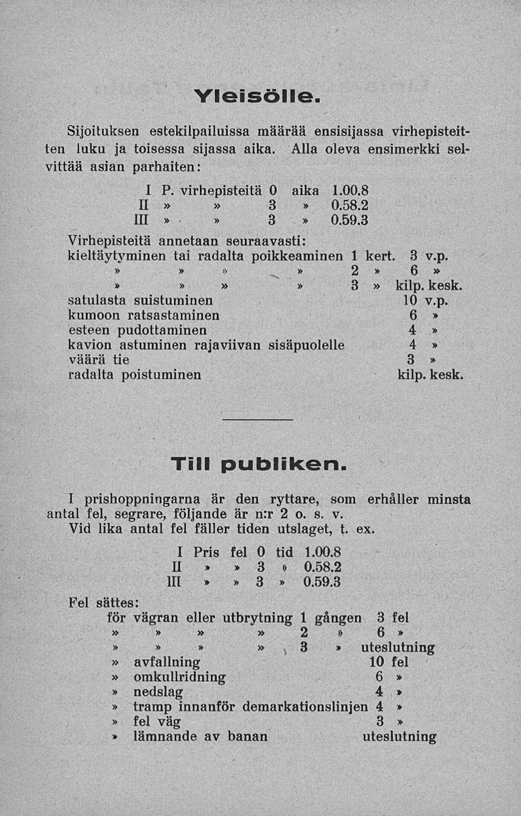 Yleisölle. Sijoituksen estekilpailuissa määrää ensisijassa virhepisteitten luku ja toisessa sijassa aika. Alla oleva ensimerkki selvittää asian parhaiten: I P. virhepisteitä 0 aika 1.00.8 II 3 0.58.