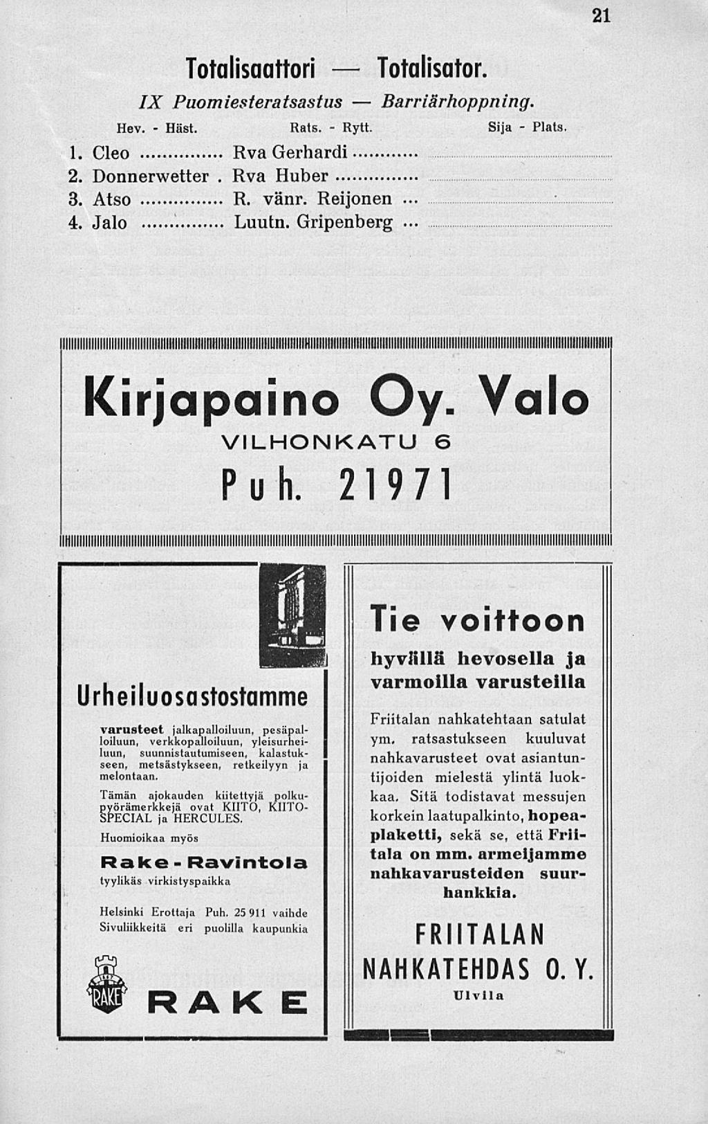 Häst. Rva Rytt. 21 Hev. Totalisaattori Totalisator. IX Puomiesteratsastus Barriärhoppning. Rats. 1. Cleo Rva Gerhardi 2. Donnerwetter. Huber 3. Atso R. vänr. Reijonen Sija Plats. 4. Jalo Luutn.