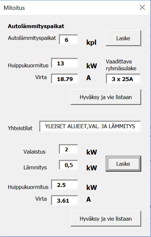 37 Kuva 6. Muu asuinrakennuksen sähkö 6.4 Tehon huippukuormitus ja kuormitusvirta Ohjelma suorittaa annettujen huoneistojen ja asuinrakennusten tehojen mukaisesti huippukuormituksen.