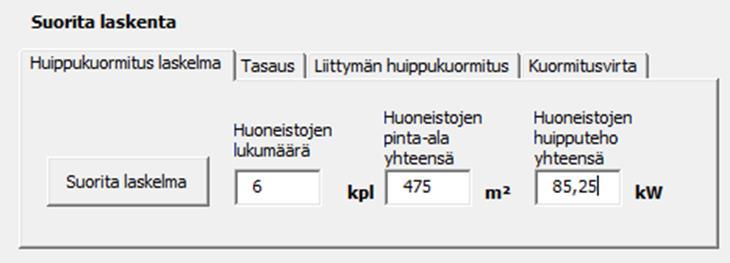 38 Kuva 7. Huoneistojen huipputeho Jotta eriaikainen käyttö tulisi huomioitua, on Suorita laskelma -otsikon alla tasausvälilehti.