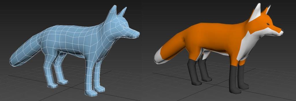 Valmis retopology-prosessi ja alustava väritestaus (Korhonen 2016) Kun retopology-prosessi oli valmis, tein alustavat värit ketulle laittamalla polygoneihin värit (Kuva 28).