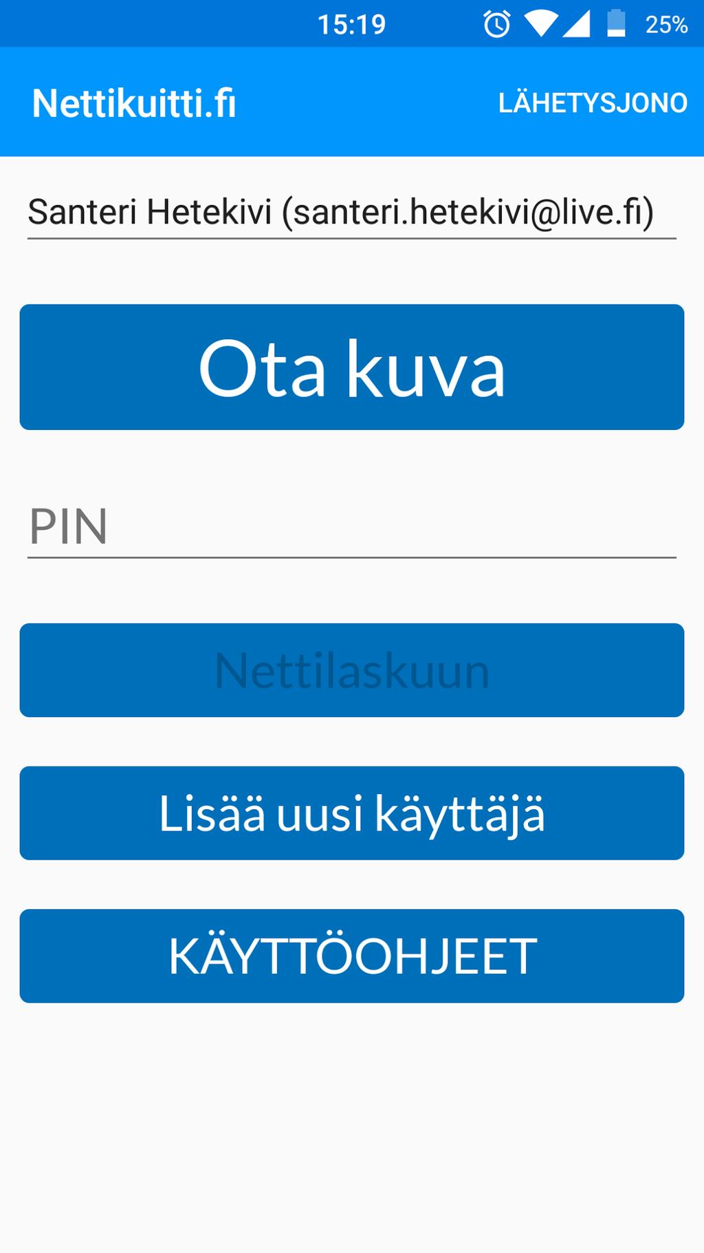 32 KUVA 21. Nettikuitti.fi sovelluksen PIN etusivu ja PIN tunnistautuminen. Tältä etusivulta käyttäjä pystyi siirtymään Nettilasku.