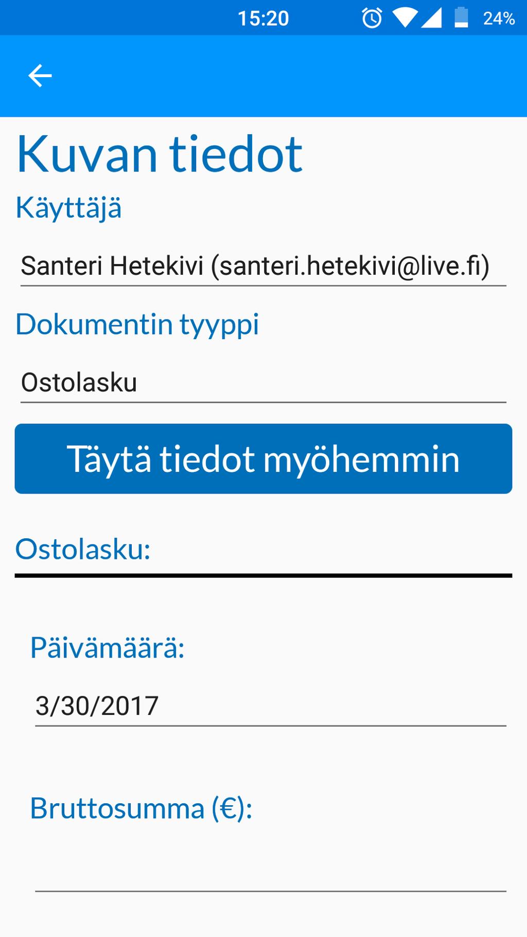 33 KUVA 22. Nettikuitti.fi sovelluksen dokumenttisivu. Kuvan otettuaan käyttäjä pääsi täyttämään sen tiedot ja valitsemaan tyypin.