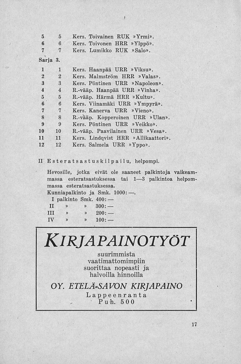 5 5 Kers. Toivainen RUK Yrmi. 6 6 Kers. Toivonen HRR Ylppö. 7 7 Kers. Lumikko RUK Salo. Sarja 3. 1 1 Kers. Haanpää URR Viksu. 2 2 Kers. Malmström HRR Valas. 3 3 Kers. Pöntinen URR Napoleon. 4 4 R.