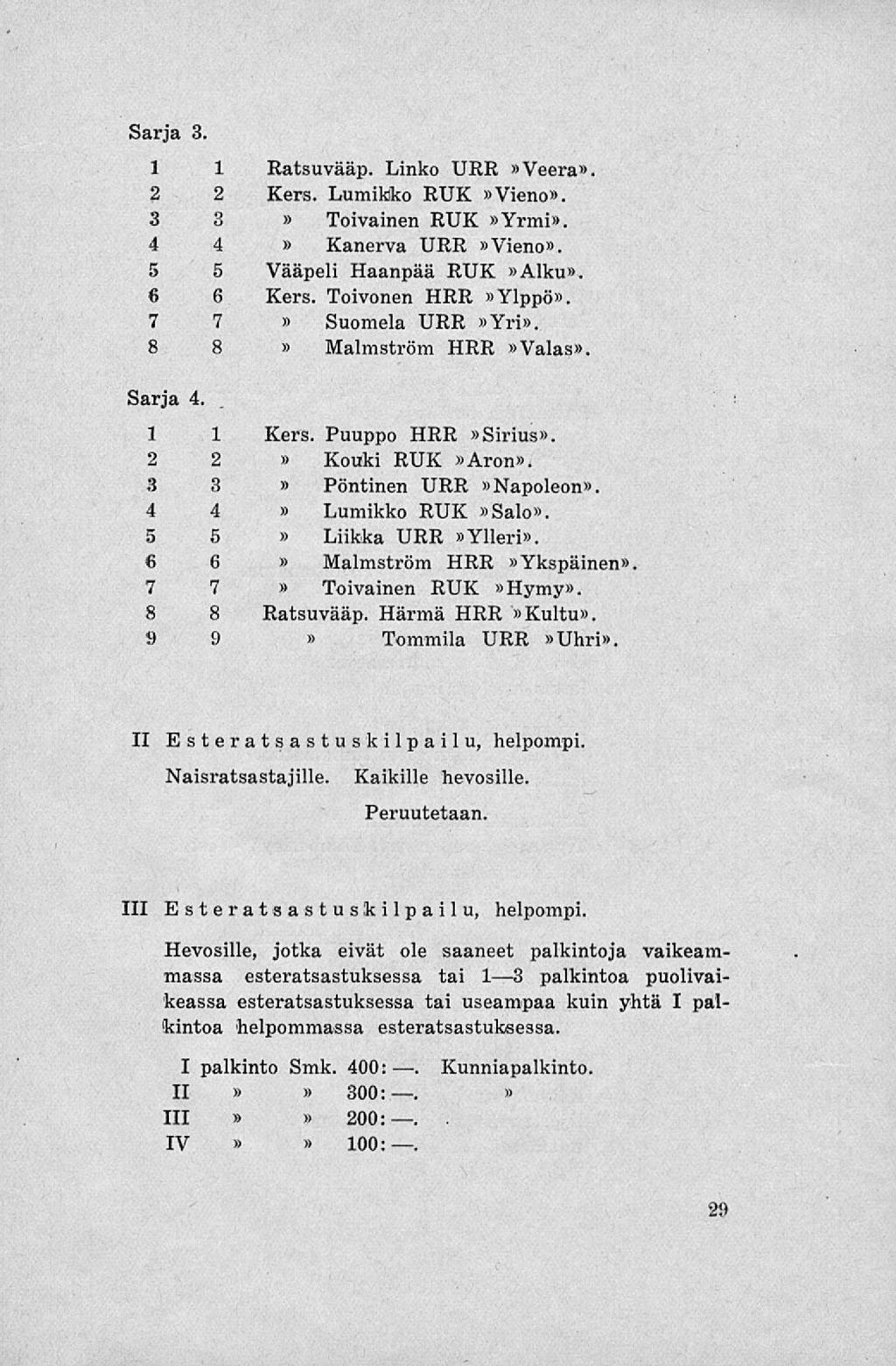 Sarja 3 1 1 Ratsuvääp. Linko URR Veera. 2 2 Kers. Lumikko RUK Vieno. 3 3 Toivainen RUK Yrmi. 4 4 Kanerva URR Vieno. 5 5 Vääpeli Haanpää RUK Alku. 6 6 Kers. Toivonen HRR Ylppö. 7 7 Suomela URR Yri.