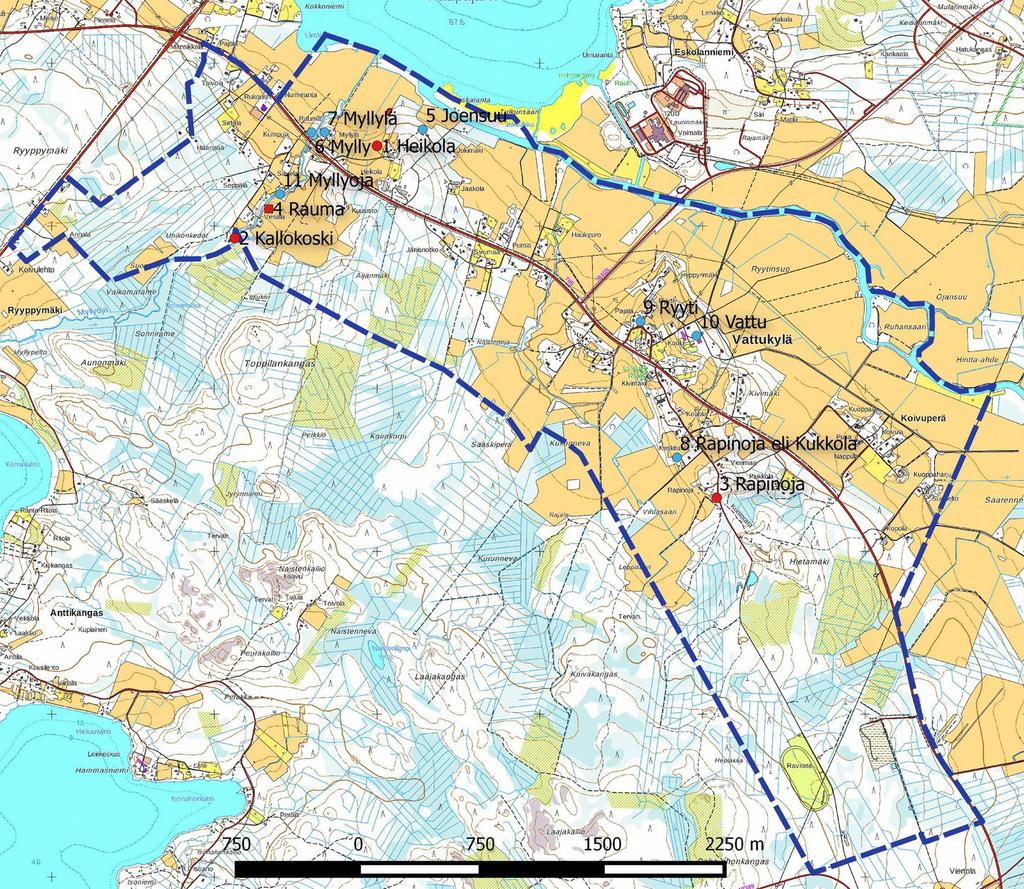 12 7. Yleiskartta Kaava rajattu sinisellä katkoviivalla, muinaisjäännökset 1. Heikola, 2. Kallokoski ja 3.