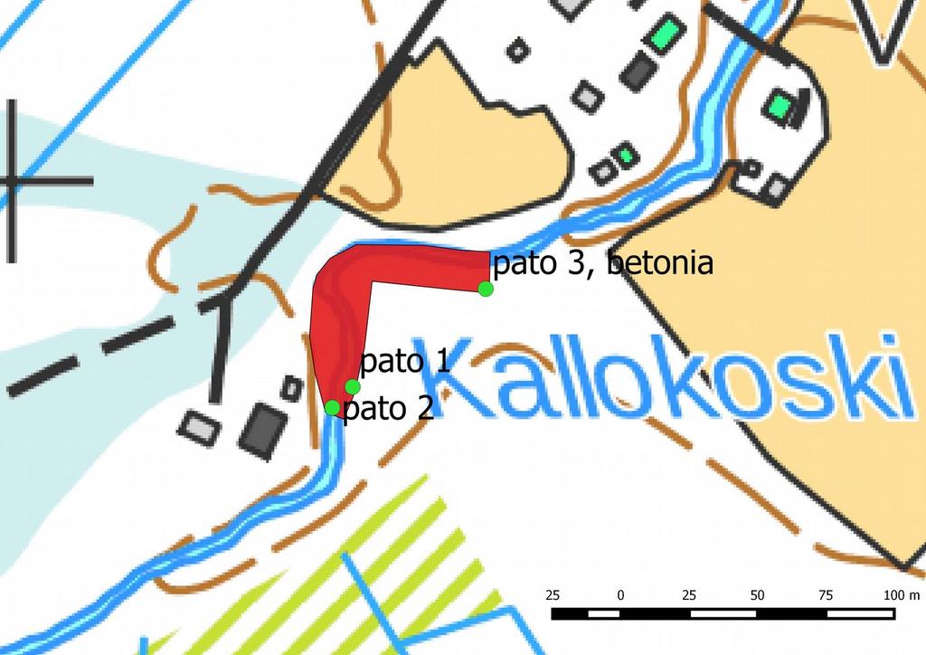 16 nonkivistä, pohjoisin pato on betonia. Toiseksi eteläisin pato 1 on noin 1,2 m leveä ja korkea, hieman kaarevaan muotoon koottu, kivet n. 10-30 cm halkaisijoiltaan, pinta on sammaleen peitossa.