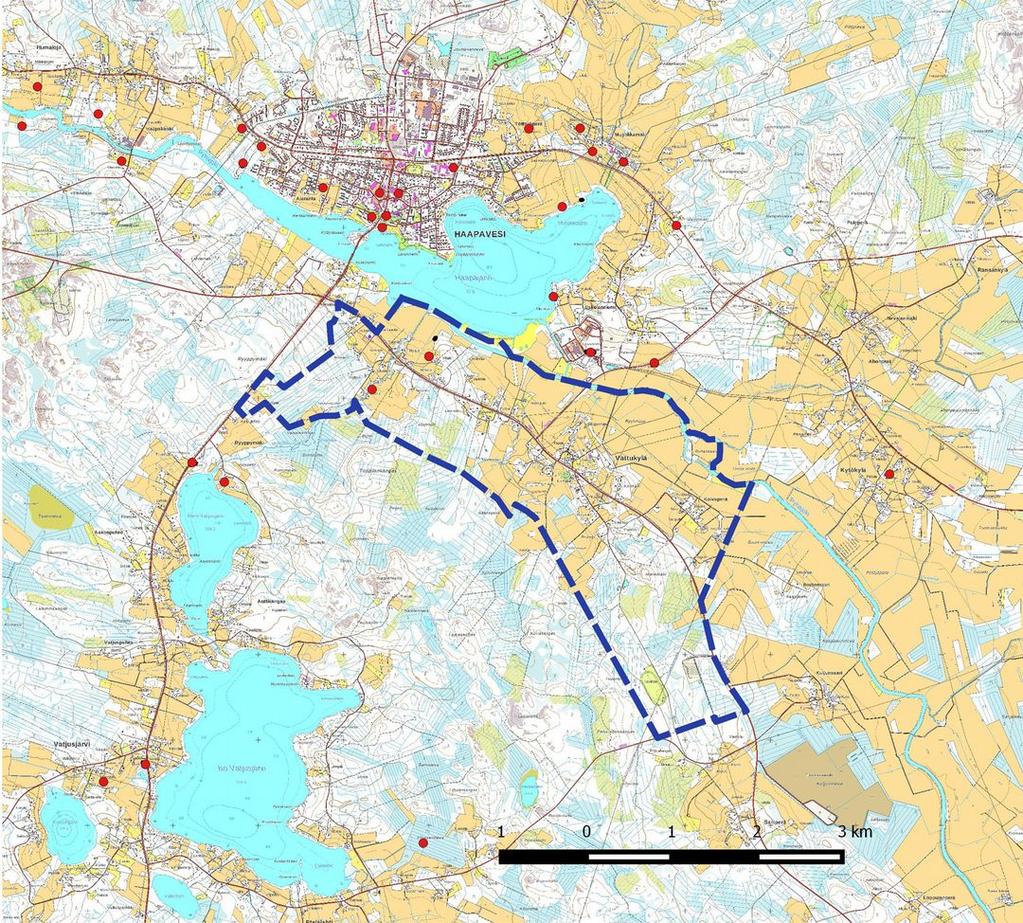 4 Kaavan rajaus sinisenä katkoviivana, tunnetut muinaisjäännökset ja muut arkeologiset kulttuuriympäristökohteet punaisena ympyränä. 2.1.