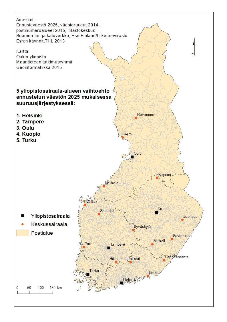 Eri lukumäärävaihtoehtojen vertailu saavutettavuuden näkökulmasta manner-suomen mittakaavassa: Lokaatio-allokaatio kun tarjonta pisteitä on 5 (vain yliopistolliset sairaalat ovat mukana), väestö
