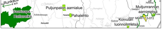 pohjoispuolella alle 1 km etäisyydellä, noin 4 km etäisyydellä lounaaseen sijaitsee Puljunpalon aarnialue (YSA206825), noin 5 km