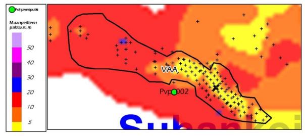 276 Kuva 12-17 Maapeitteen vahvuus Vaaralammen louhoksen kohdalla kairareikätietojen perusteella. Plussat edustavat kairareikiä, vihreä piste on pohjavesiputki.