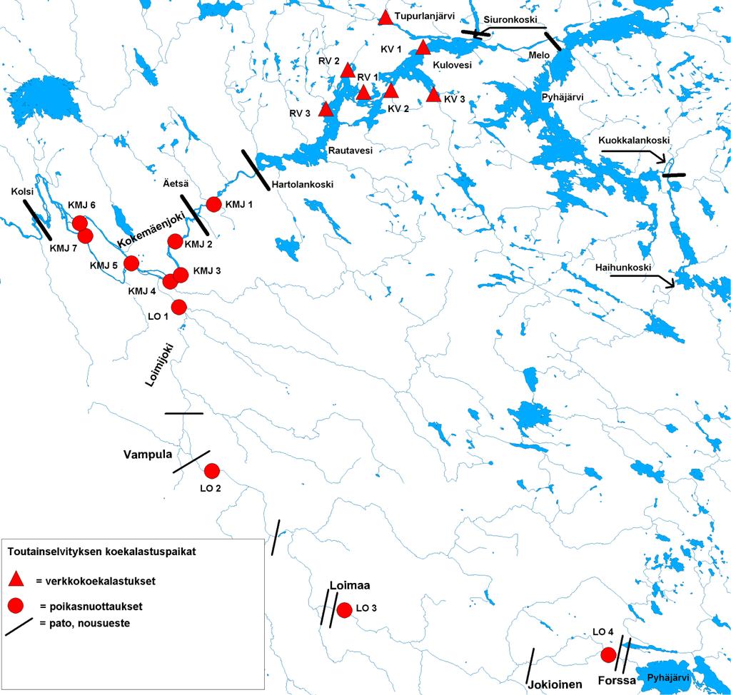 6 TOUTANSELVITYKSEN KOEKALASTUSPAIKAT = verkkokoekalastus = poikasnuottaus = nousueste = vuoden 215