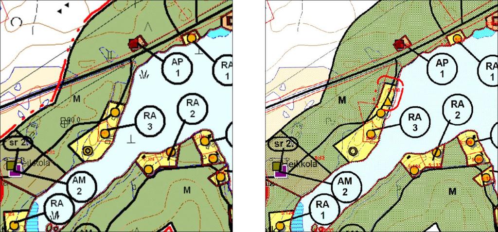 Kaavamuutoksessa RA-alueen pinta-ala laajennetaan ulottumaan rantasaunaan saakka ja sauna merkitään kaavaan.