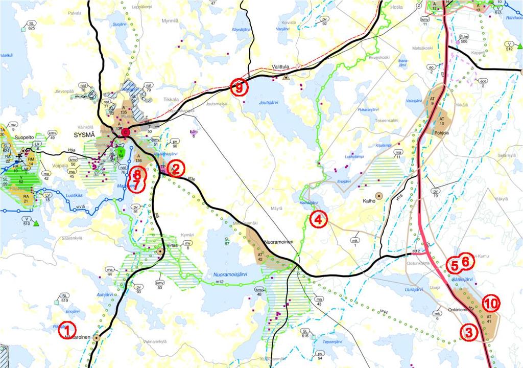 FCG SUUNNITTELU JA TEKNIIKKA OY Kaavaselostus 20 (25) Kuva 29: Suunnittelukohteet maakuntakaavakartalla Muutosalue 1. Ei erityistä merkintää. Muutosalue 2.