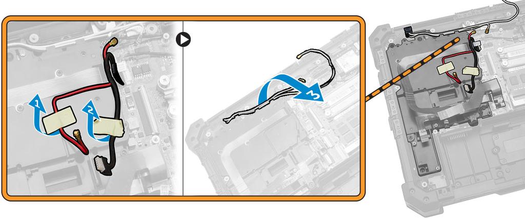 GPS-moduulin asentaminen 1. Aseta GPS-moduuli paikoilleen ja kiinnitä painamalla salpa alas. 2. Kytke kaapeli GPS-moduulin liittimeen. 3. Kytke antennikaapeli GPS-moduuliin. 4. Asenna seuraavat: a.