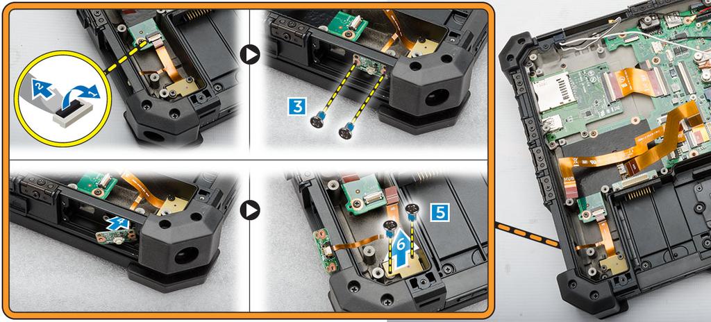 d. Irrota LED-kortin kiinnittävät ruuvit [5]. e. Nosta LED-kortti ulos tietokoneen rungosta [6]. LED-kortin asentaminen 1. Aseta LED-kortti paikoilleen tietokoneen runkoon. 2.