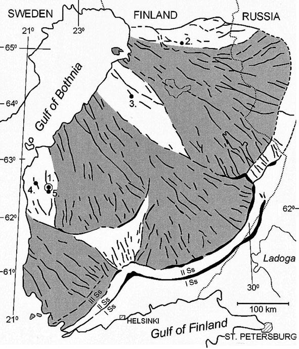 Kuva 4. Jäätikön kielekevirrat eteläisessä Suomessa ja Venäjän Karjalassa. Figure 4. Ice lobes in southern Finland and Russian Karelia.