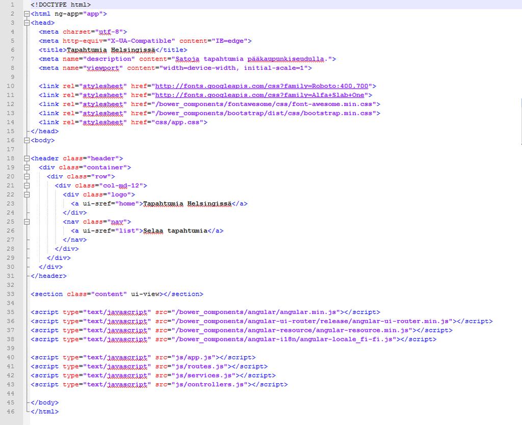 25 tyylitiedosto (app.css). Lisäksi sivun <head>-osioon lisätään kaksi Google-fonttia ja Fontawesome-ikonikirjasto (font-awesome.min.css). Tarvittavien tiedostojen lisäämisen jälkeen index.