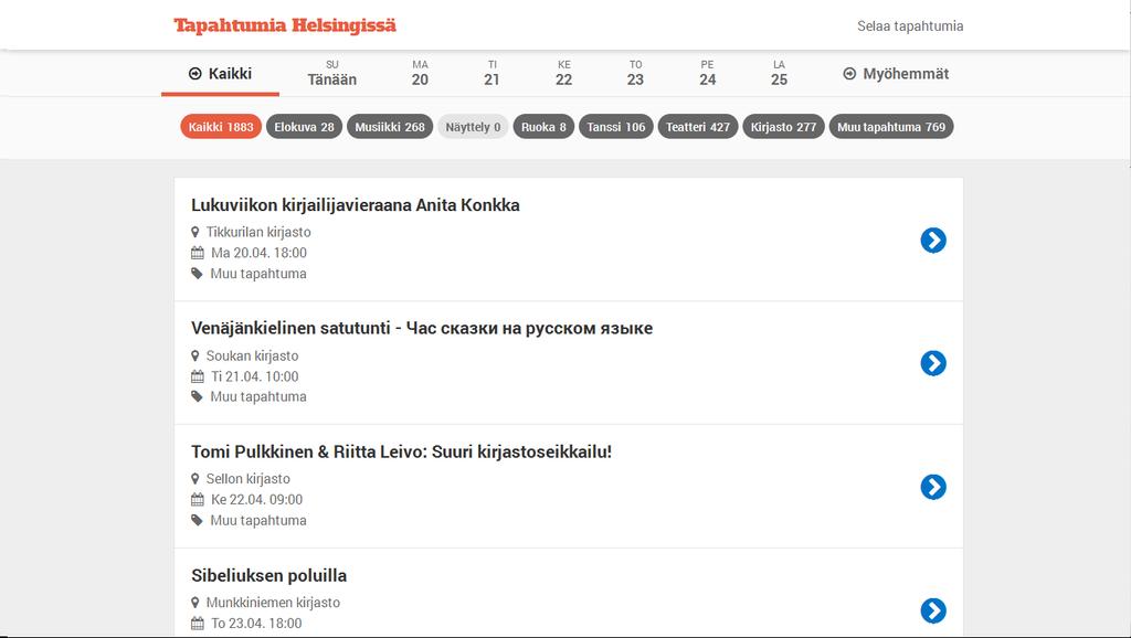 33 Kuvio 25. Tapahtumia Helsingissä web-sovelluksen kontrolleri (controllers.js). 3.6.1 Tapahtumien listaus Kuvio 26. Tapahtumien listaussivu selaimessa.