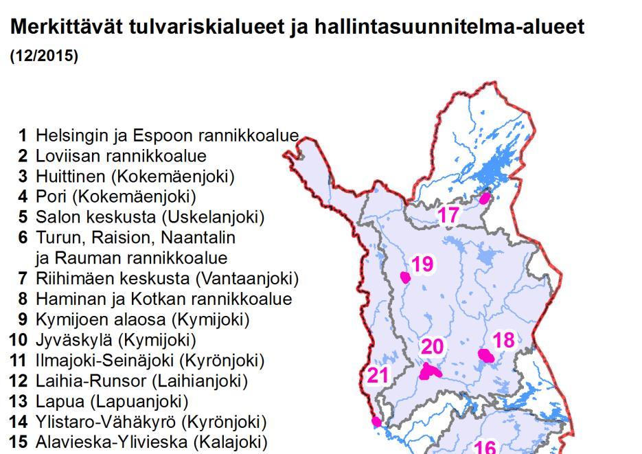 OSA A: tavoitteet ja toimenpiteet Kuva2. Merkittävien tulvariskialueiden sijaintikartta sekä alueet joille hallintasuunnitelmat on laadittu.