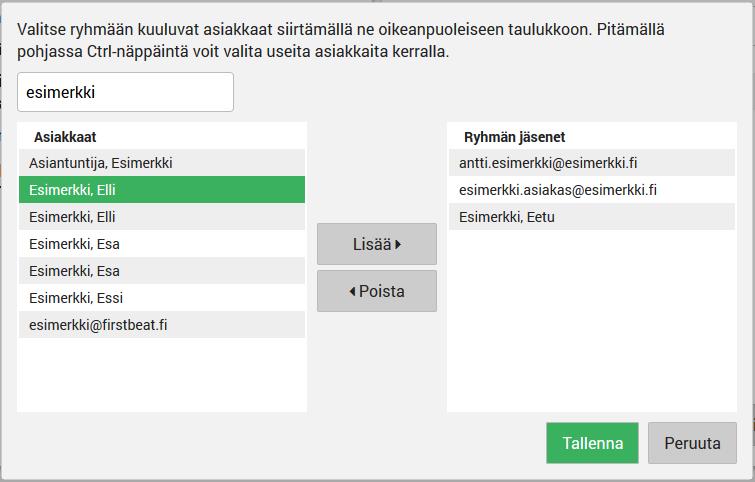 48 Jos olet lisäämässä ryhmään jo olemassa olevia asiakkaita, eteesi avautuu seuraava näkymä: Valitse haluamasi asiakkaat vasemmanpuoleisesta taulukosta ja paina Lisää.