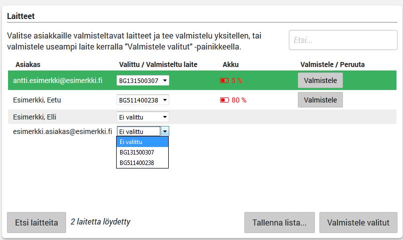 51 Listassa näet myös kunkin laitteen akun tilan.
