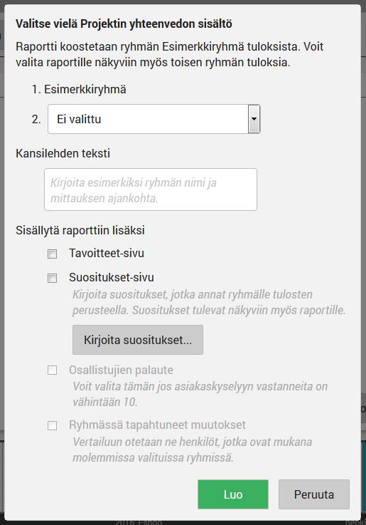 61 Paina lopuksi Luo raportit. Jos valitsit Projektin yhteenvetoraportin, valitse avautuvassa ikkunassa yhteenvedon sisältö.