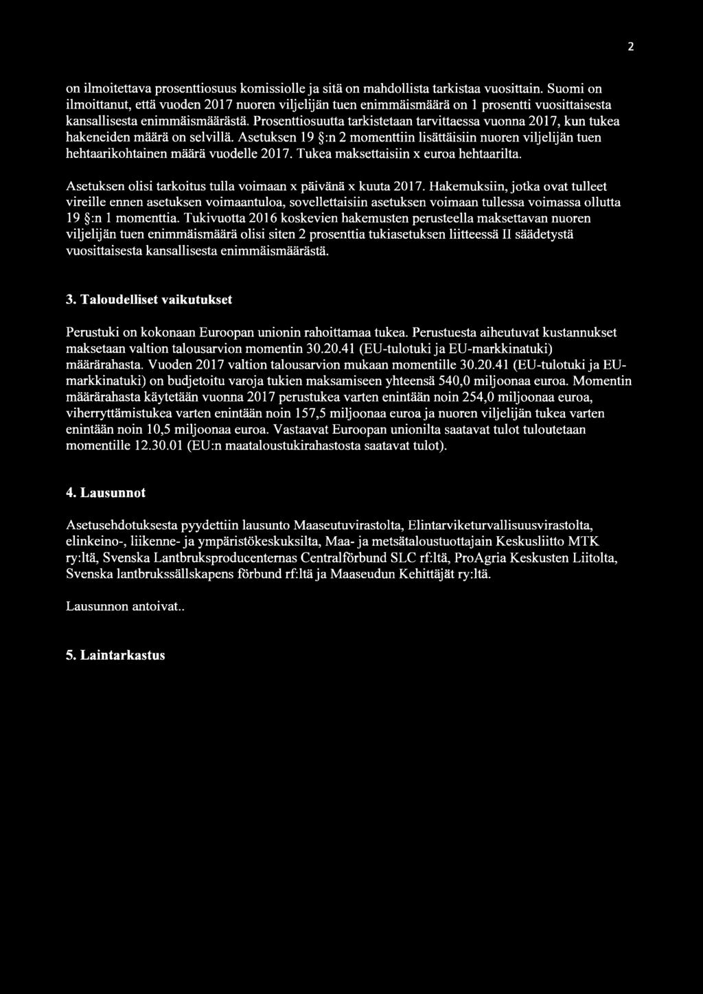 Prosenttiosuutta tarkistetaan tarvittaessa vuonna 2017, kun tukea hakeneiden määrä on selvillä. Asetuksen 19 :n 2 momenttiin lisättäisiin nuoren viljelijän tuen hehtaarikohtainen määrä vuodelle 2017.