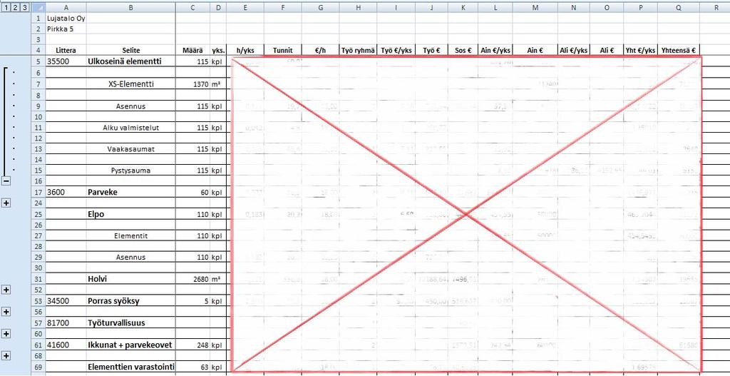 23(32) Kuvio 3: Esimerkki Excel -taulukosta Runkotöistä oli tehty viiden hengen ryhmän kanssa urakkasopimus, joka