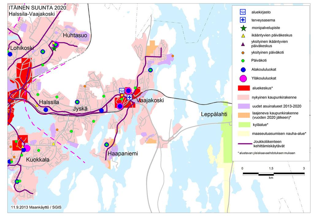 Esimerkki keskeisten palvelujen mahdollisista palveluverkoista vuonna 2020: Itäinen suunta Monipalvelupisteiden palvelujen sisältö ja laajuus määritellään alueen muiden palvelujen, alueen