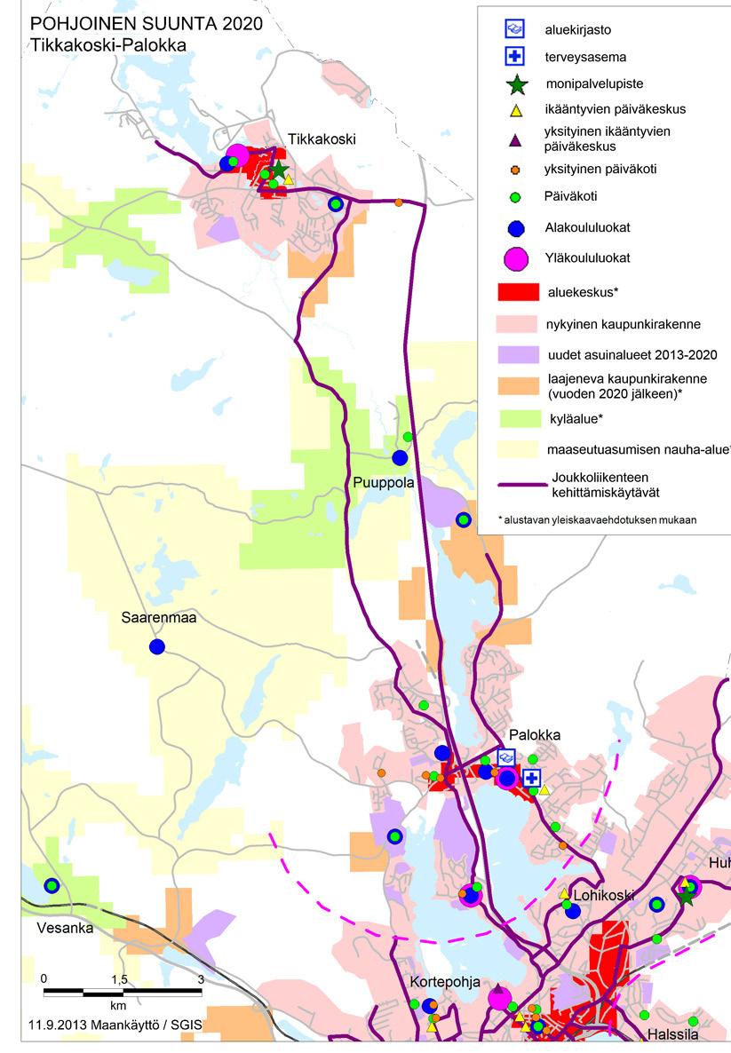 Esimerkki keskeisten palvelujen mahdollisista palveluverkoista vuonna 2020: Pohjoinen suunta Monipalvelupisteiden palvelujen sisältö ja laajuus määritellään alueen muiden palvelujen, alueen