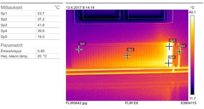 KUVA 15. Lämpökamerakuva toimivasta lämpöpatterista (kuva: Heikki Loukusa 13.4.2017) KUVA 16. Lämpökamerakuva huonosti toimivasta lämpöpatterista (kuva: Heikki Loukusa 13.4.2017) Huoneisiin puhallettavan tuloilman lämpötilan tarkastuksessa voidaan myös käyttää lämpökameraa apuvälineenä.