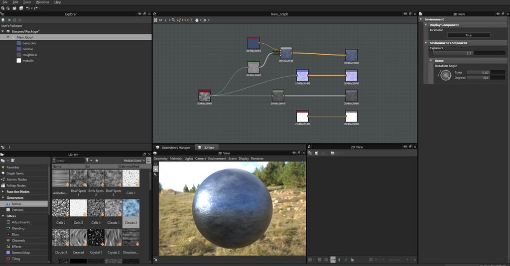 20 (Library), graafinäkymä (Graph view), 3D-näkymä (3D View), 2D-näkymä (2D View) sekä parametrit (Parameters) (kuvio 17). Kuvio 17. Substance Designerin käyttöliittymä.