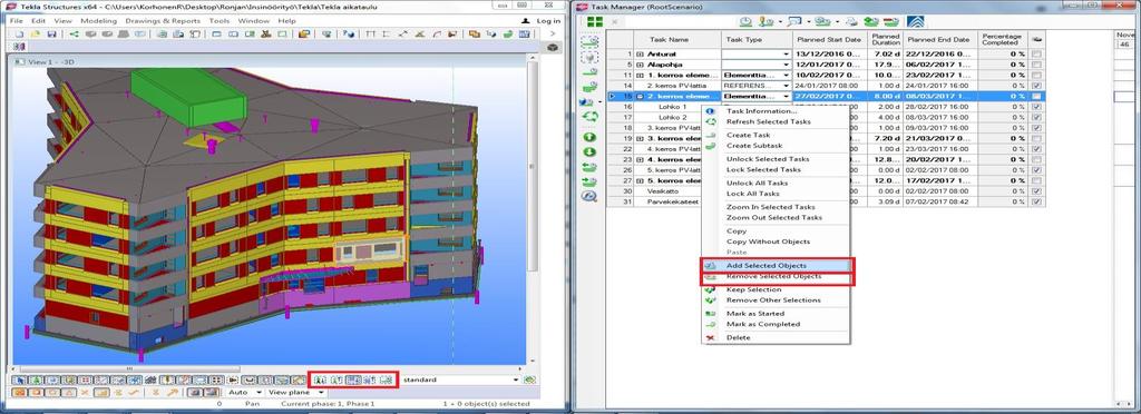 20 Kuva 13. Tietomallissa aktiiviseksi valittu osa voidaan lisätä, tai poistaa aikataulutehtäviltä. Ohjelmaikkunan alarivillä on erilaisia valintatyökaluja.