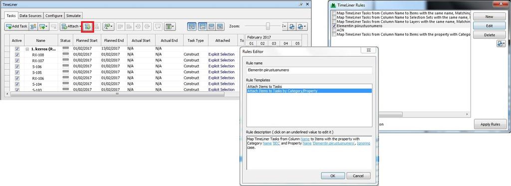 28 Objekteja voidaan yhdistää aikataulutehtäville myös käyttämällä Auto-Attaching Rulestoimintoa.
