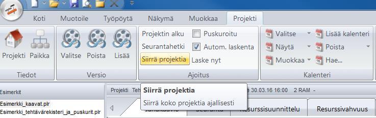 Ajoituksen muuttaminen onnistuu helpoiten Projekti-välilehdeltä toiminto > siirrä projektia.