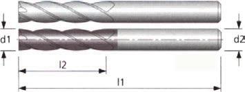 4-leikkuiset kovametallijyrsimet HAM 409 Erikoispitkät varsijyrsimet täyskovametallia HAM 40-5110 Pinnoittamaton HAM 40-5120 TINALOX SN -PINNOITETTU Ø-d1 Leikkuu Koko Varsi Z Pinnoittamaton