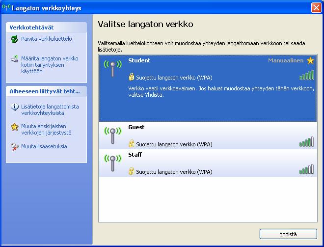 Langattoman verkon asetukset (WindowsXP) 1. Varmista, että koneesi langaton verkkosovitin on toiminnassa (esim DELL-koneissa sovittimen saa päälle/pois painamalla Fn+F2). 2.