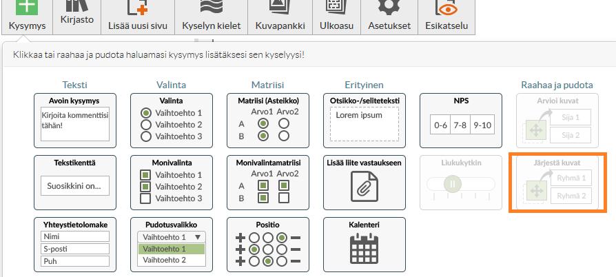 Järjestä kuvat Vastaajalla mahdollisuus järjestää kuvat oikeisiin paikkoihin. Tulossa 2017 lopulla. Kysymyksen ja vastausvaihtoehtojen muokkaus 2 4 1 3 1. Sivun 1 kysymykset 2.