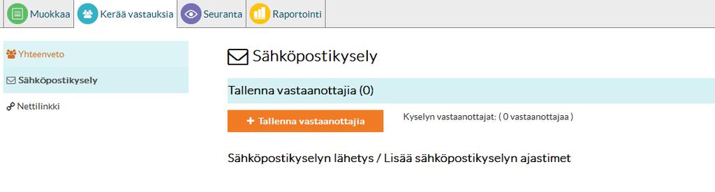 Sähköpostikysely (henkilökohtaiset linkit) Henkilökohtaista linkkiä käytetään vain sähköpostikyselyissä ja vastaaja voi vastata kyselyyn vain yhden kerran (Oletussasetuksin).