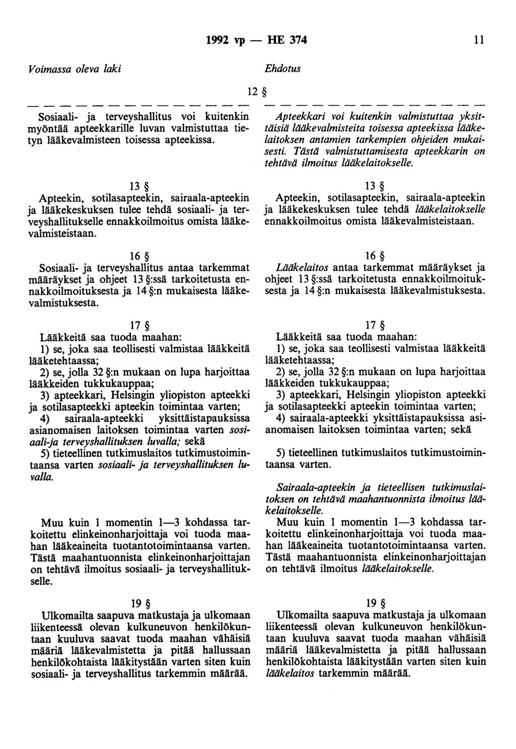 1992 vp - HE 374 11 Ehdotus 12 Sosiaali- ja terveyshallitus voi kuitenkin myöntää apteekkarille luvan valmistuttaa tietyn lääkevalmisteen toisessa apteekissa.