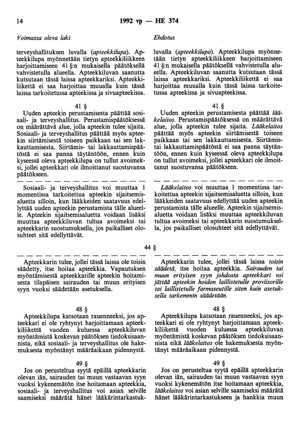 14 1992 vp - HE 374 terveyshallituksen luvalla (apteekkilupa). Apteekkilupa myönnetään tietyn apteekkiliikkeen harjoittamiseen 41 :n mukaisella päätöksellä vahvistetulla alueella.