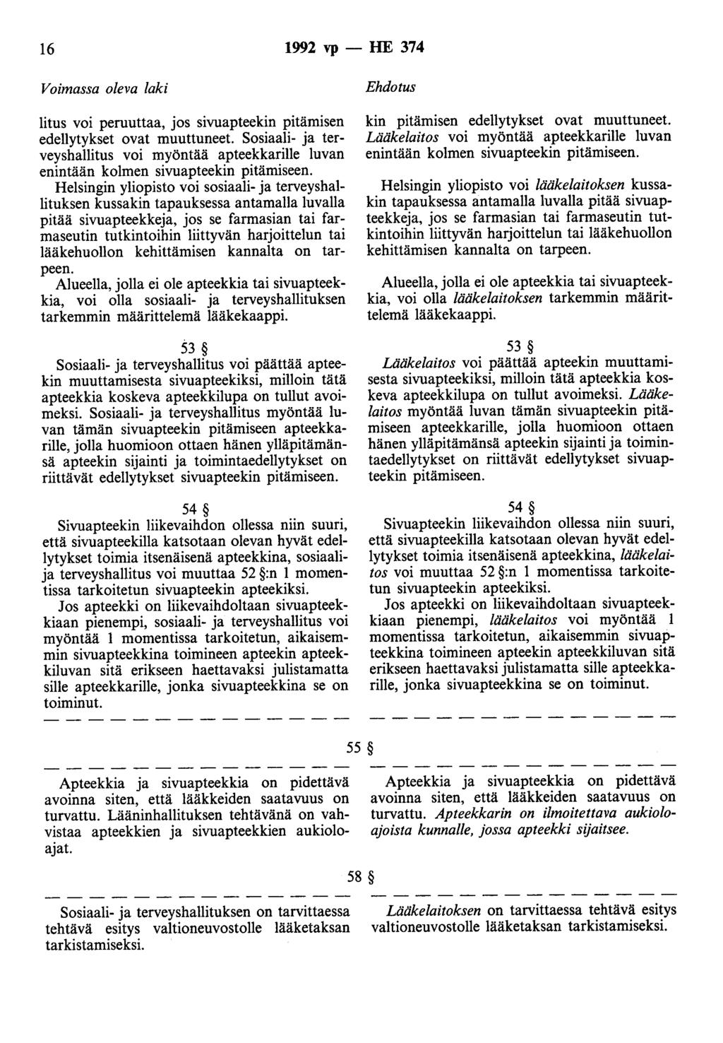 16 1992 vp- HE 374 litus voi peruuttaa, jos sivuapteekin pitämisen edellytykset ovat muuttuneet. Sosiaali- ja terveyshallitus voi myöntää apteekkarille luvan enintään kolmen sivuapteekin pitämiseen.