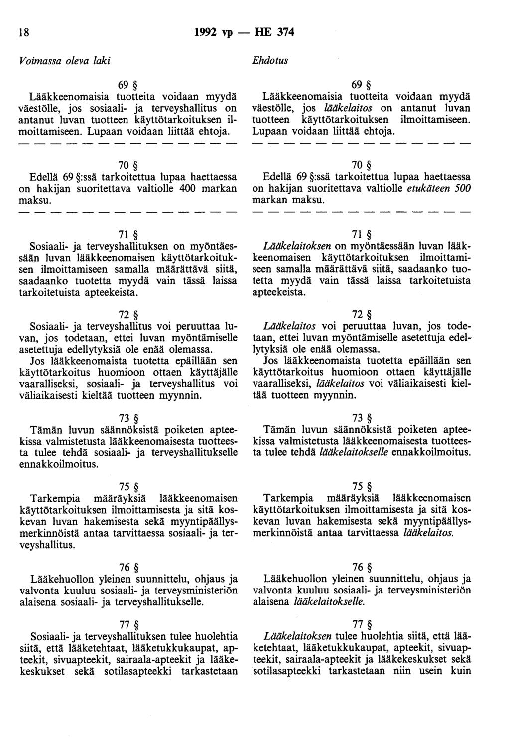 18 1992 vp- HE 374 69 Lääkkeenomaisia tuotteita voidaan myydä väestölle, jos sosiaali- ja terveyshallitus on antanut luvan tuotteen käyttötarkoituksen ilmoittamiseen. Lupaan voidaan liittää ehtoja. E.