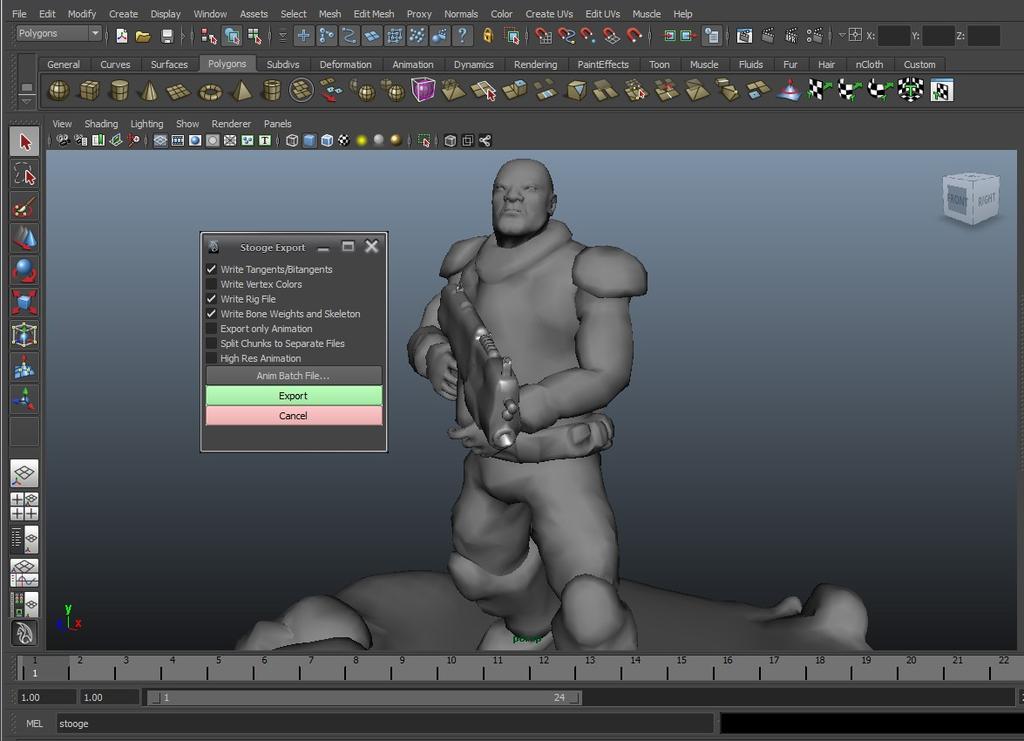 30 toolbagin manuaalia, jossa ohjeistettiin käyttämään Mayaa ja siihen asennettavaa pluginia nimeltä stooge export ja mel scriptiä. Kuvassa 14 näkyy Mayaan siirtämäni low poly -malli.