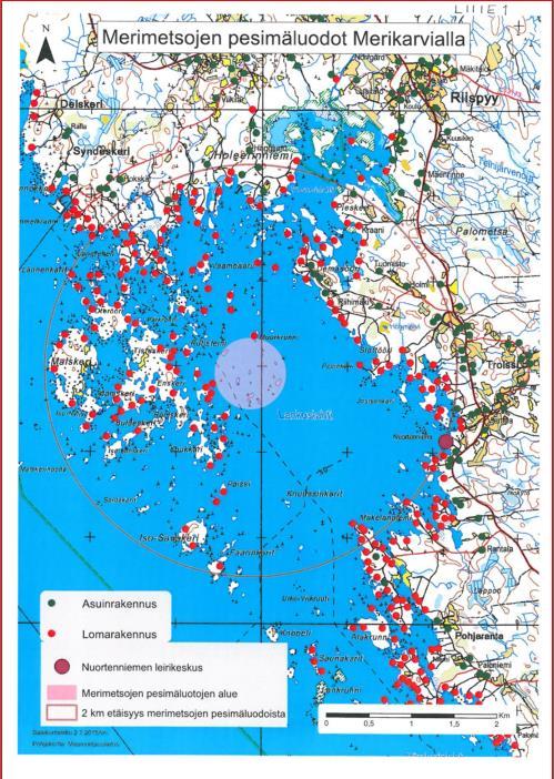 Kiinteistöt merimetsoluotojen läheisyydessä 2 km etäisyydellä merimetsoluodoista on kiinteistöjä kaikkiaan